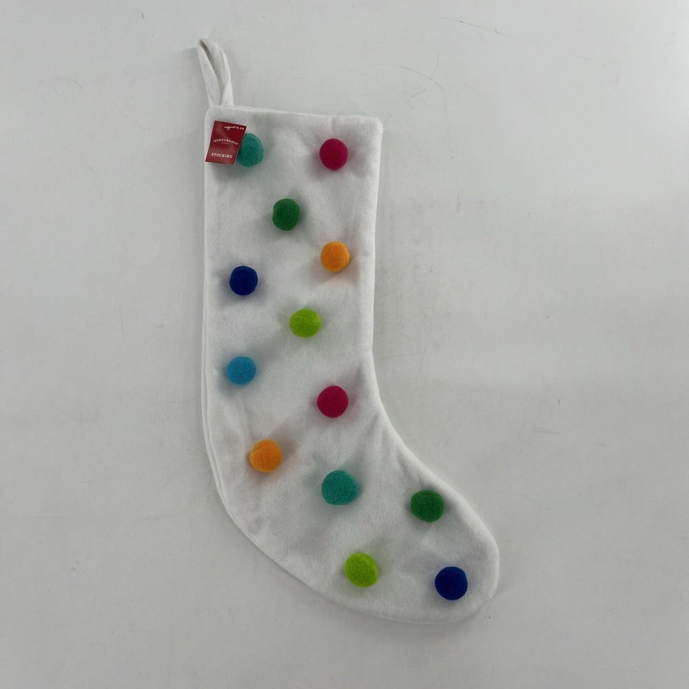 Wondershop Felt Christmas Stocking Whimsy White Multi Bright Color Pom Poms 20"